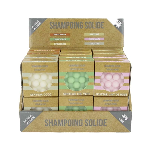 Vetrina riempita con 24 shampoo solidi con brufoli massaggianti pronti per la vendita